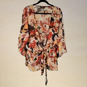 Y2K Boho Sheer Floral Kimono Blouse Batwing Sleeves Waist Tie 3X Serenade Size